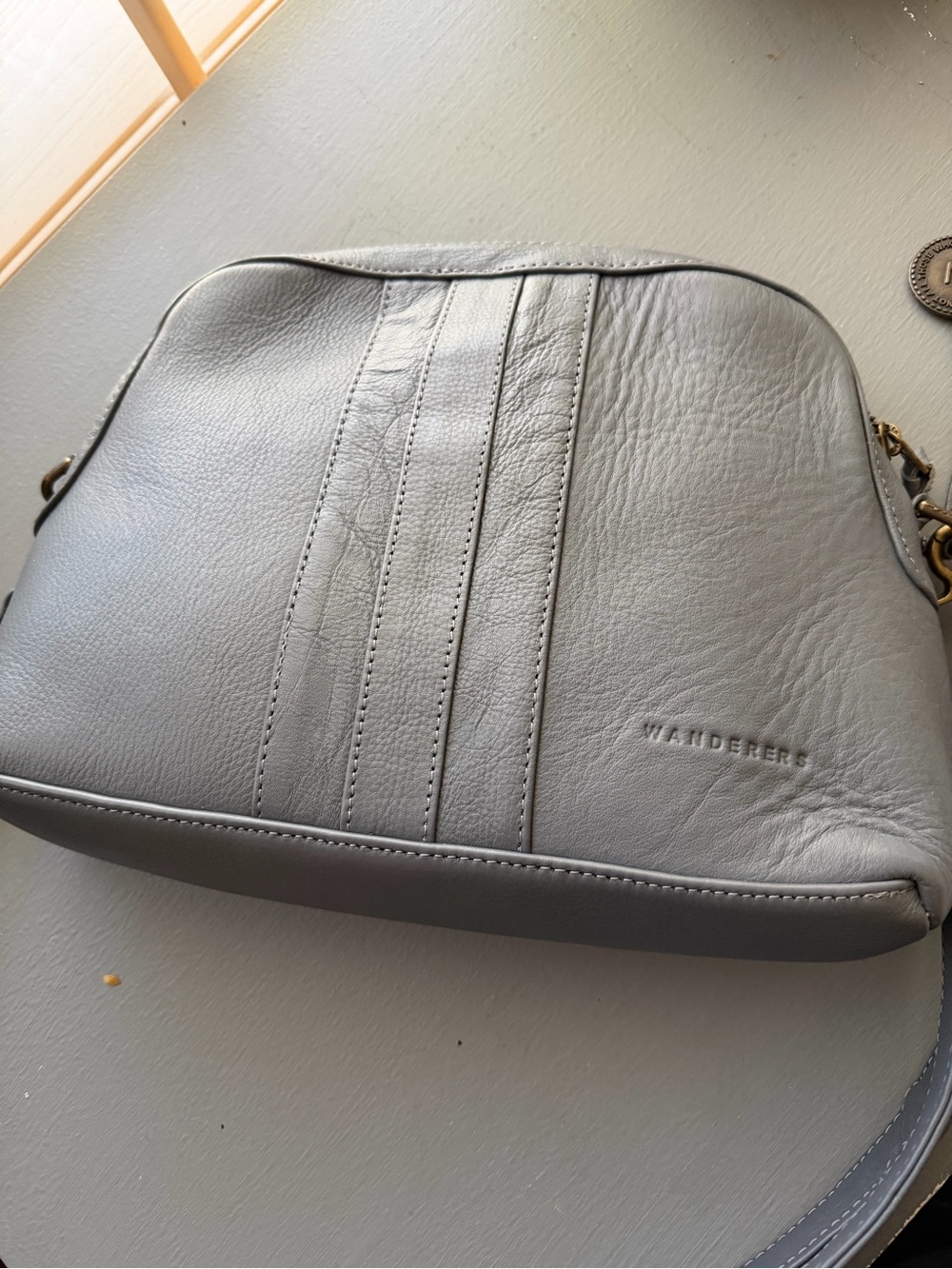 Wanderer Grey Leather Crossbody with Vertical Stitch Detail